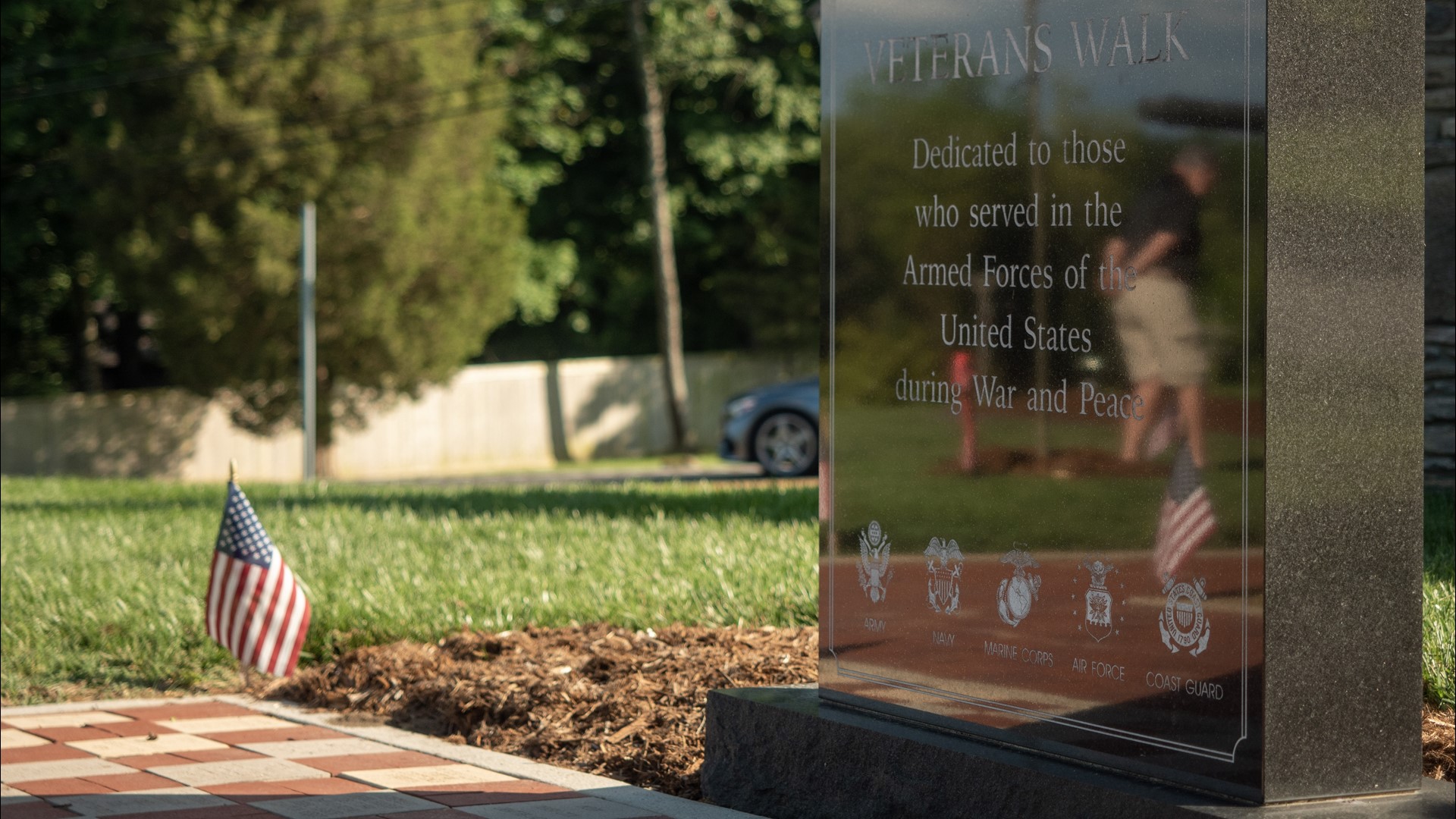 The Jeffersontown Veterans Memorial Park features the Freedom Wall, which salutes the U.S. military branches and service members.