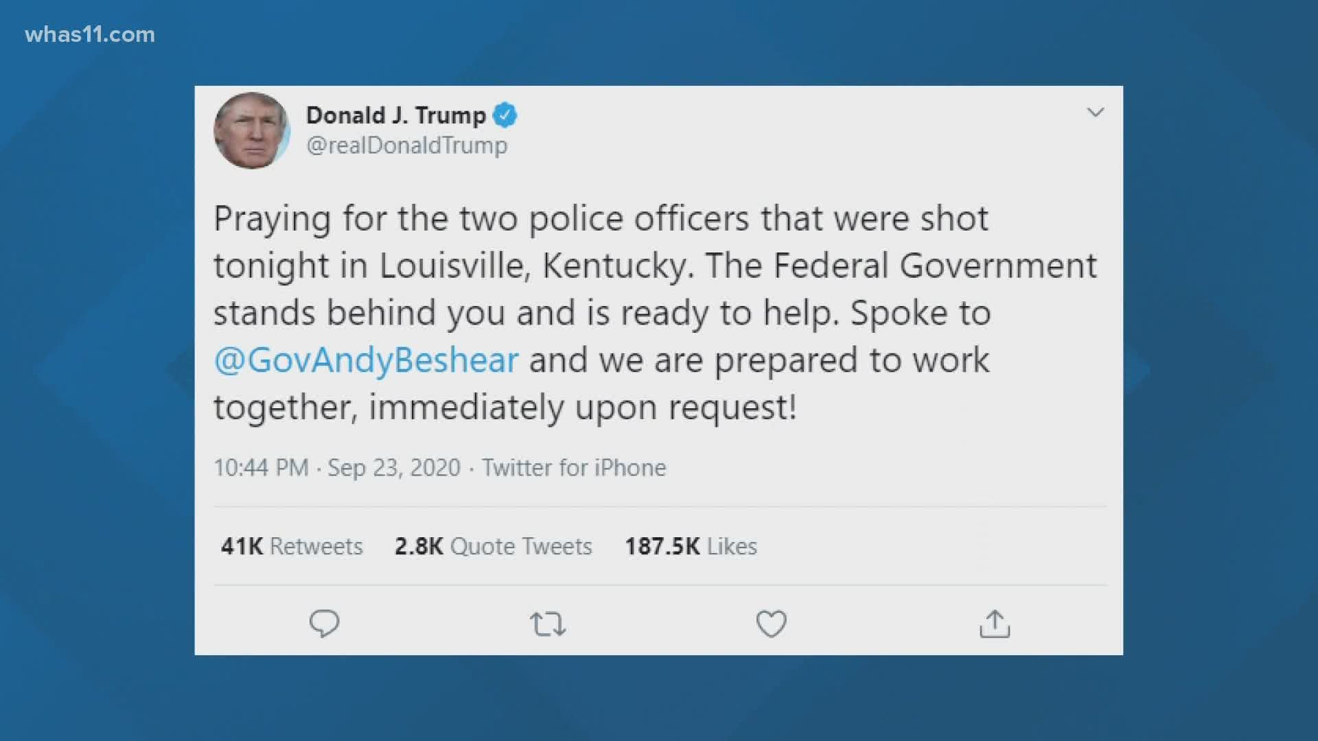 President Trump tweeted Gov. Beshear: "The Federal Government stands behind you and is ready to help" following the Breonna Taylor decision.