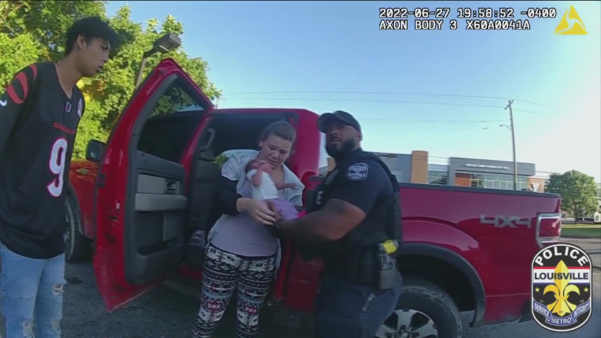 A man ran into a Louisville gas station saying his 7-day-old baby wasn't breathing. Body camera footage captured officers' life-saving actions.