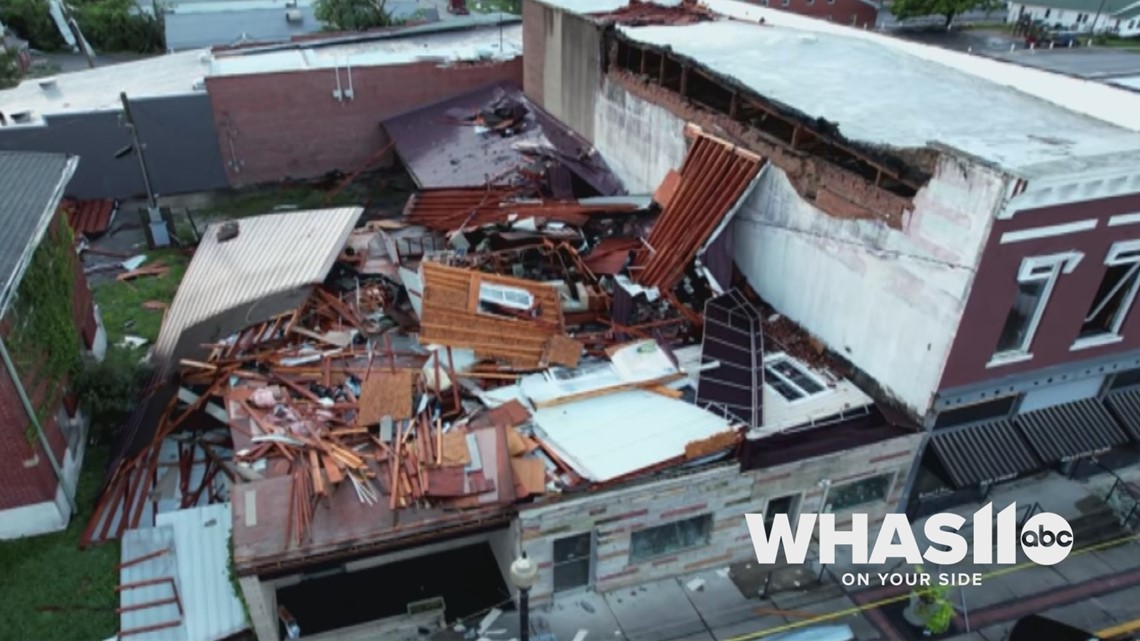 Drone video of storm damage in Paoli, Indiana after severe weather