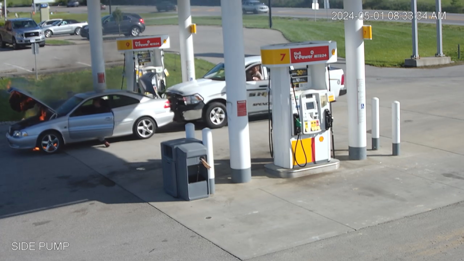 A Spencer County Sheriff's Deputy pushed a burning car away from gas pumps at Cricket's gas station in Fisherville, Kentucky. | May 1, 2024