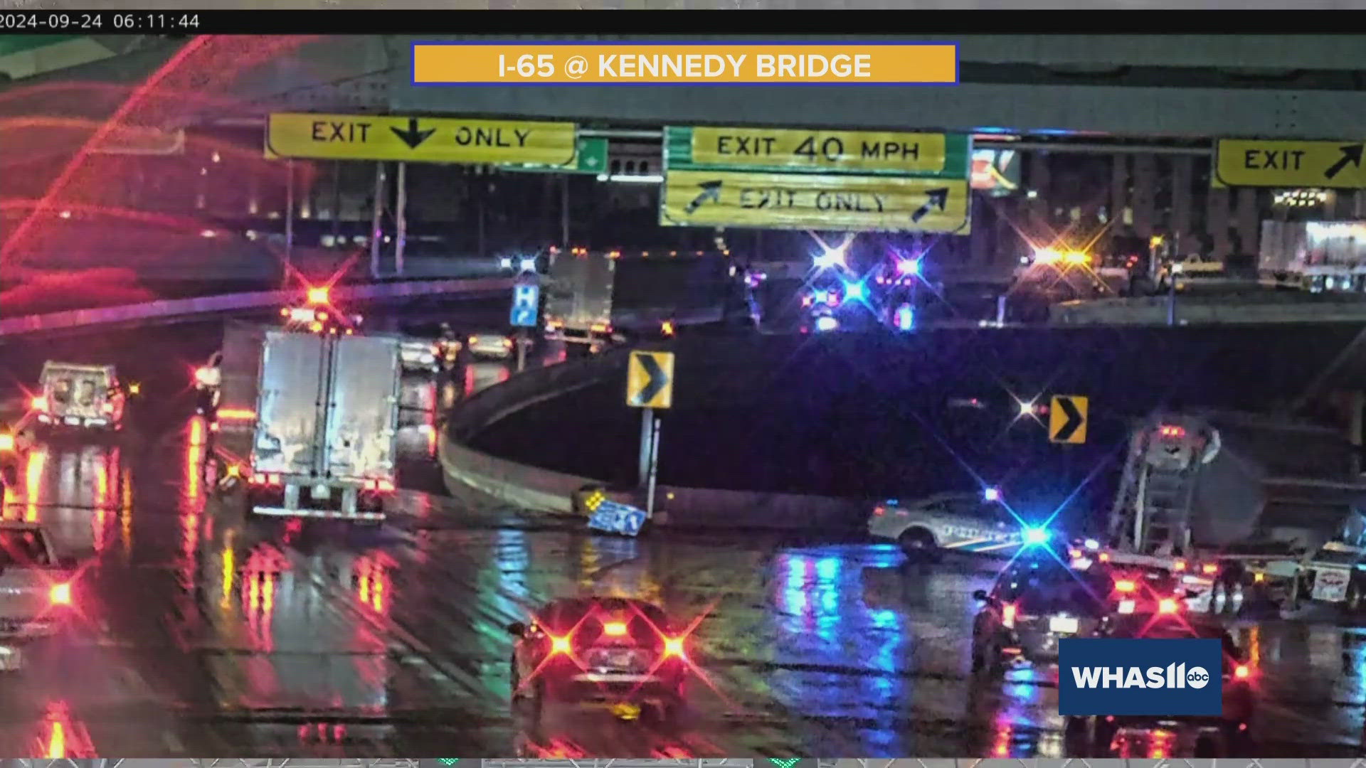 LMPD officials say the ramp from I-65 South past the Kennedy Bridge and the I-65 North ramp to I-64 West are closed Tuesday morning.