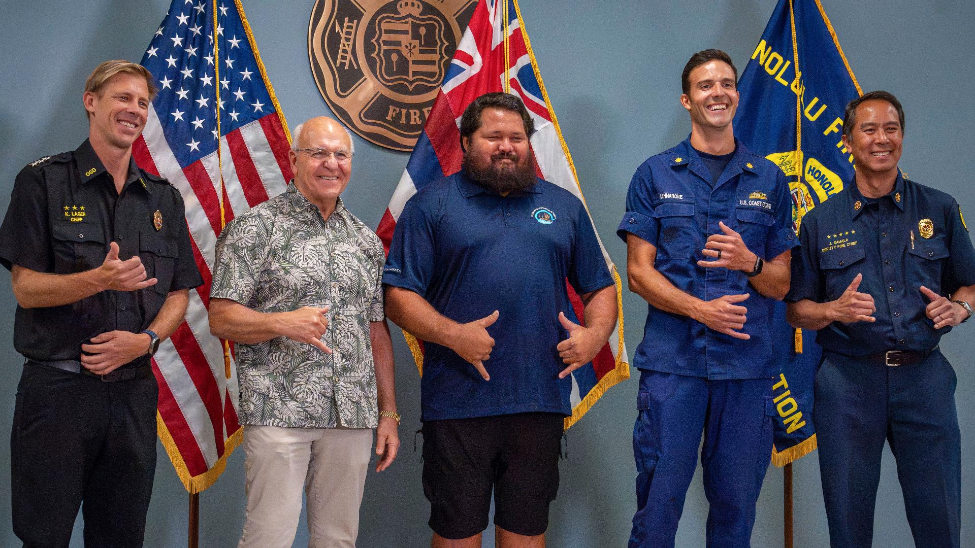 Kahiau Kawai, 17, was lost at sea for 12 hours until volunteer lifeguard, Nolan Keaulana rescued him.