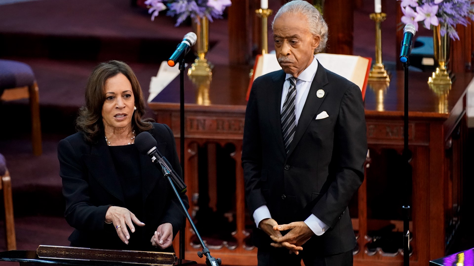 Vice President Kamala Harris attends the funeral of 86-year-old Ruth Whitfield, one of the victim’s killed in the racist attack on a Buffalo supermarket.