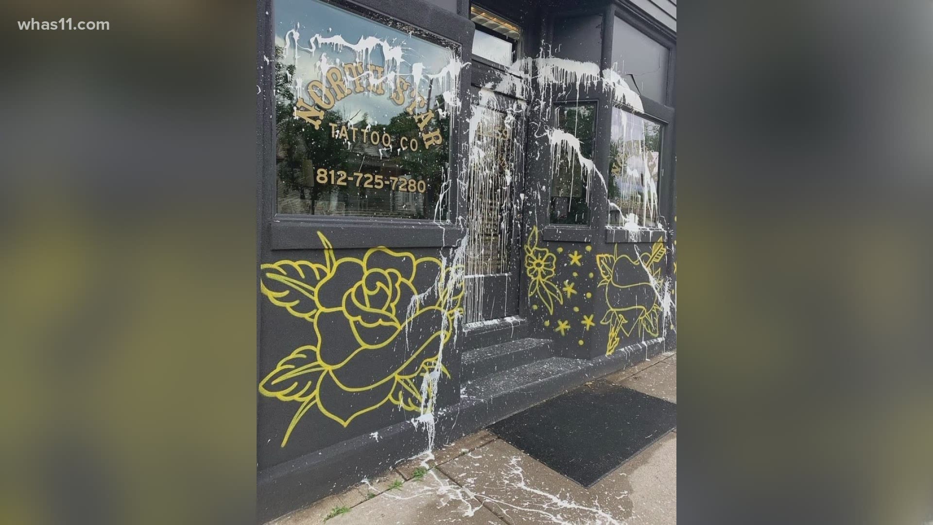 The North Star Tattoo Shop owner in New Albany wants help finding the culprit who threw paint on the building. Video captured the moment.