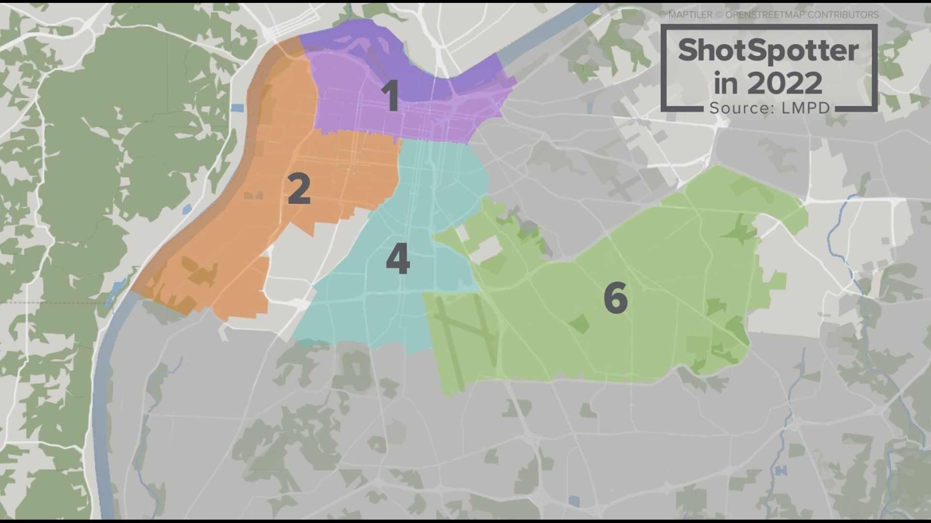 Louisville Police's ShotSpotter devices are spread over six square miles in the First, Second, Fourth and Sixth divisions.