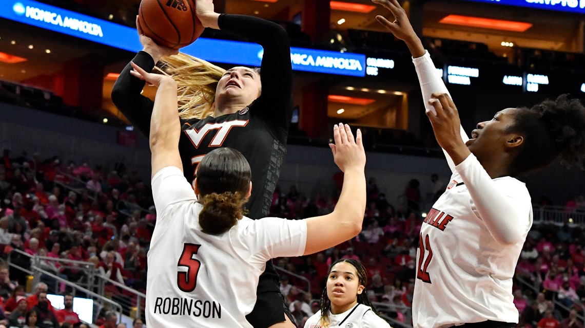 Blacksburg, Virginia, USA. 1st Mar, 2022. Louisville Cardinals forward  Jae'Lyn Withers (24) looks to drive during the NCAA Basketball game between  the Louisville Cardinals and the Virginia Tech Hokies at Cassell Coliseum  in Blacksburg, Virginia. Greg