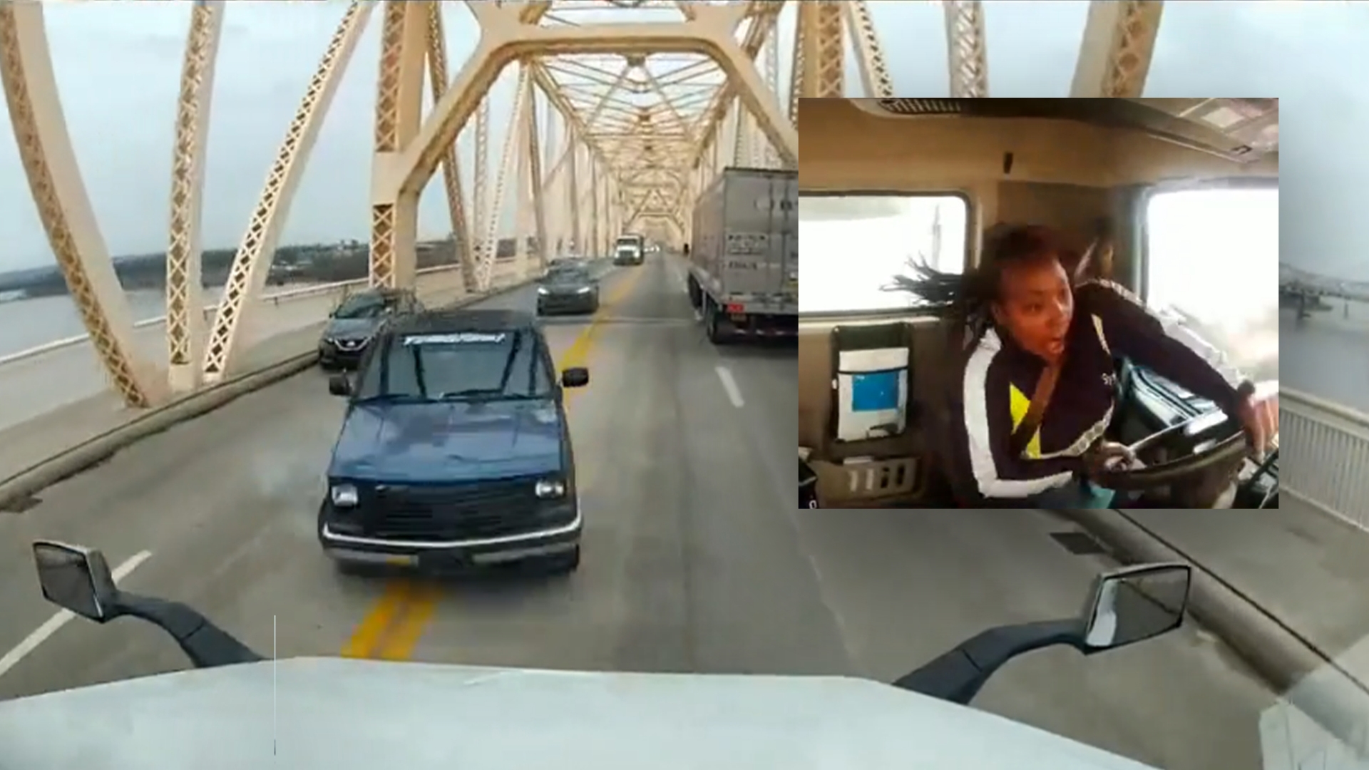 Dashcam shows a pickup truck slam in Sydney Thomas' semi-truck while on the Clark Memorial Bridge on March 1, 2024.