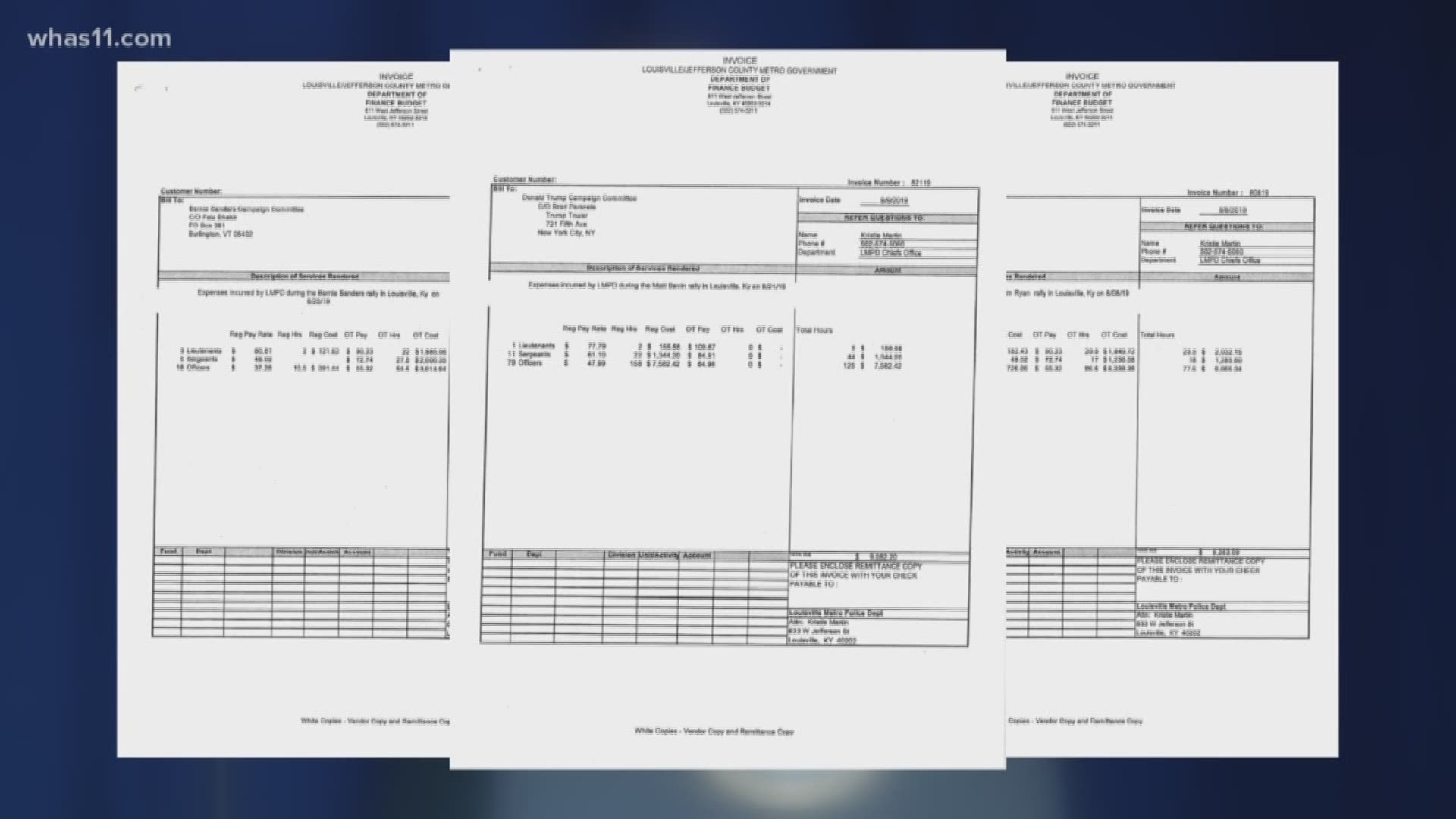 WHAS-TV obtained copies of invoices from Louisville Metro Government for the cost of services provided by Metro Police for three separate campaign visits.