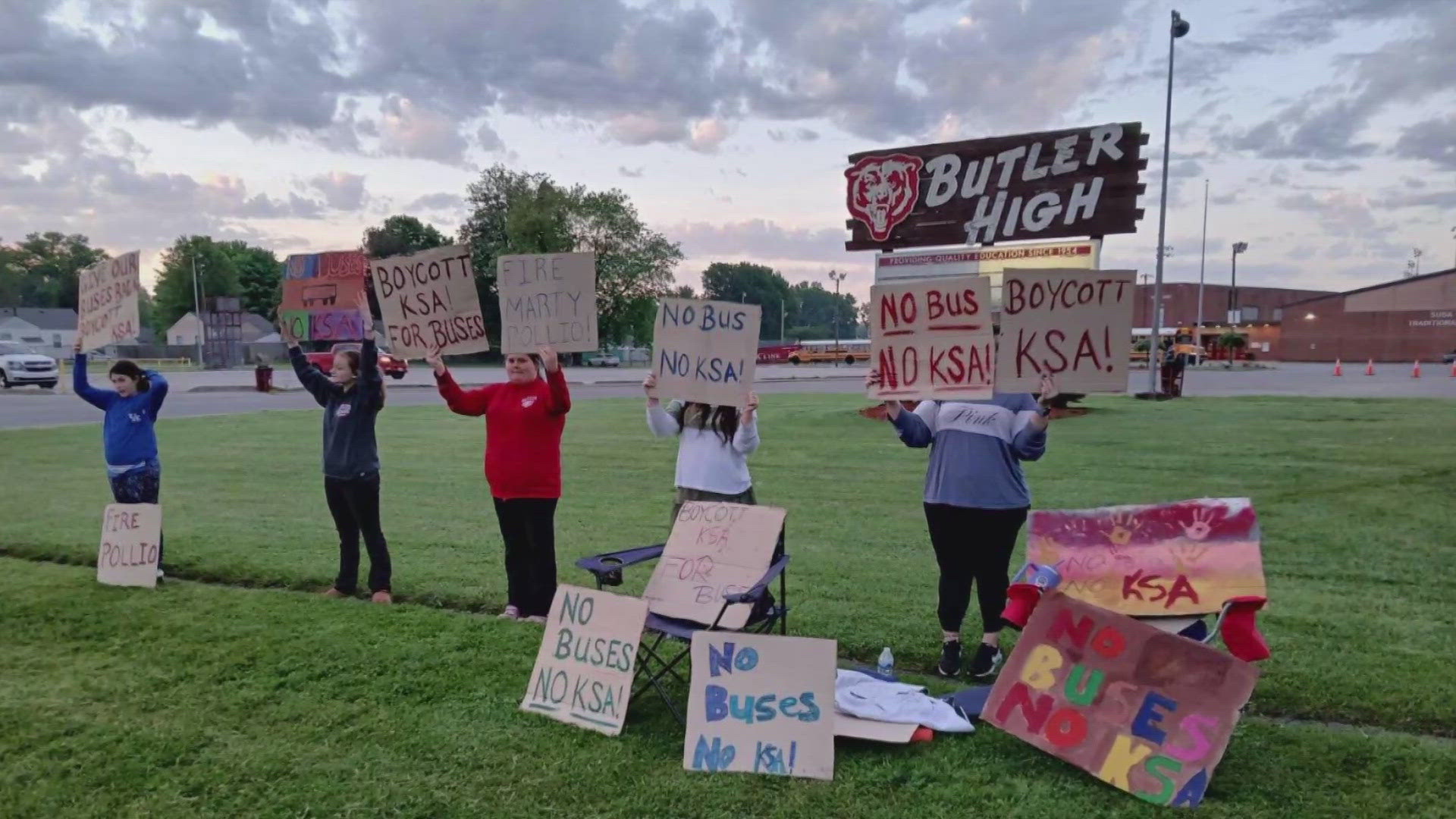 Butler students held signs that read: "Boycott KSA For Buses," "Fire Marty Pollio," "Give Our Buses Back," and "No Buses, No KSA."