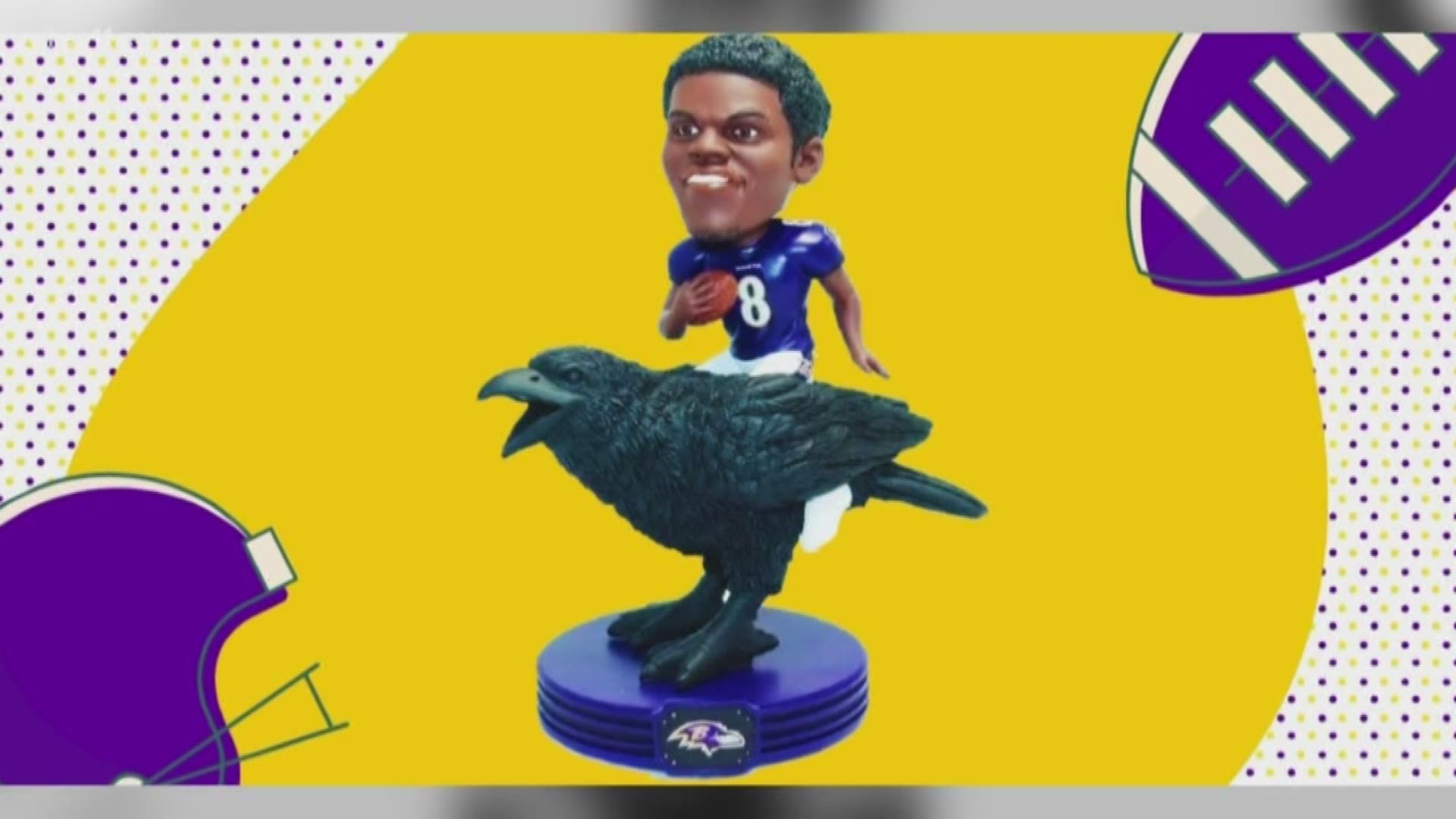 The bobblehead features the Ravens quarterback riding on the back of an actual raven. Only 2,020 are available to purchase.