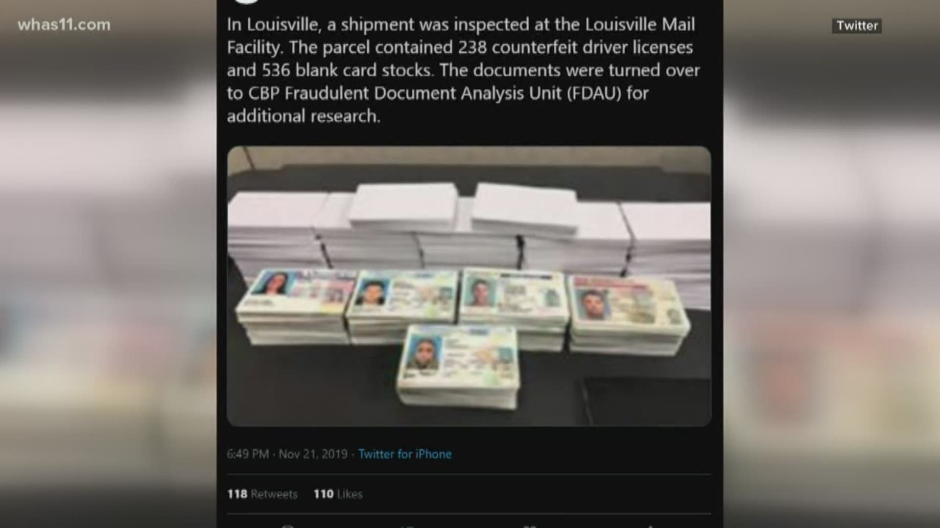 Louisville recently seized six shipments containing 2,909 counterfeit driver’s licenses and 3,123 blank card stocks to make countefeit driver’s licenses.