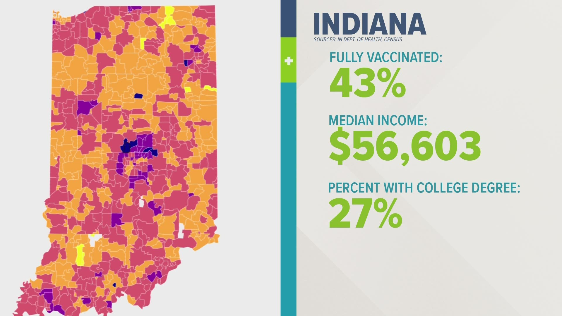 A map created by WTHR helps track vaccinations rates by Zipcode in Indiana.