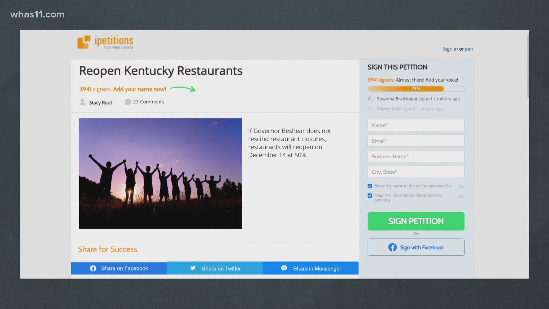 Petition to reopen Kentucky restaurants despite restrictions gaining traction online.