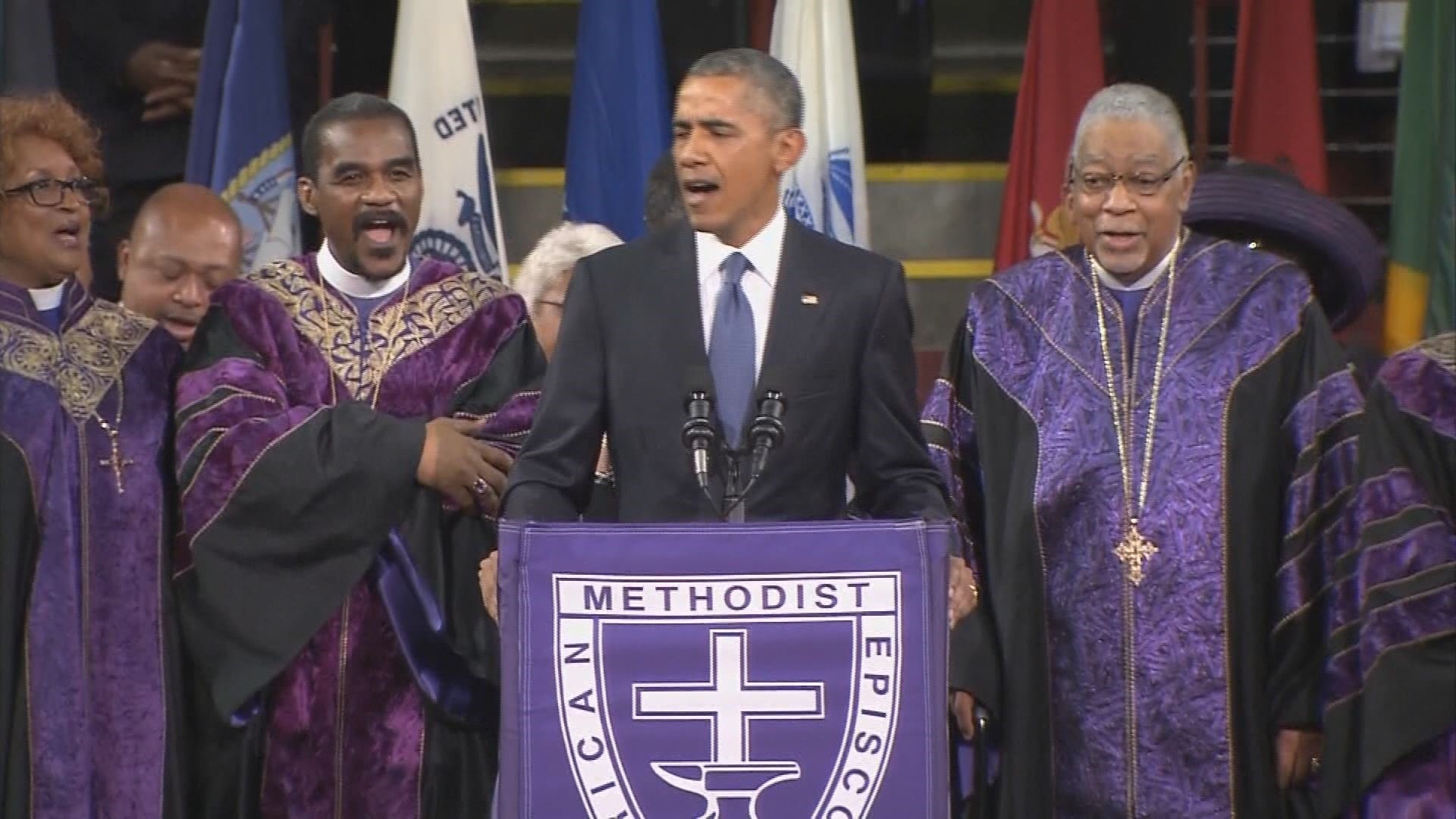 President Obama sang 'Amazing Grace' during the funeral of Clementa Pinckney in June of 2015. Pinckney was the pastor of Mother Emanuel AME Church in Charleston, SC, and was one of 9 people killed in a massacre at the church.