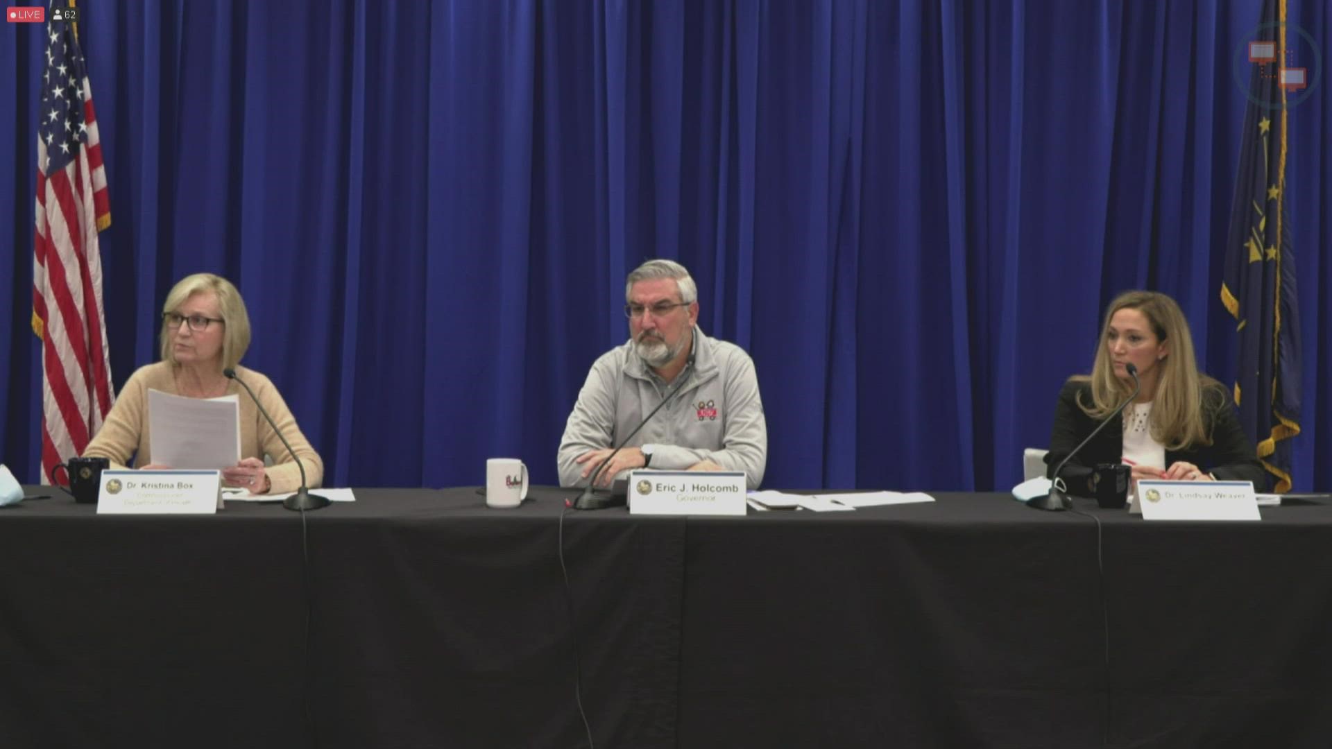 Gov. Eric Holcomb, State Health Commissioner Dr. Kris Box and Chief Medical Officer Dr. Lindsay Weaver provided updates on COVID-19 and its impact on Indiana.
