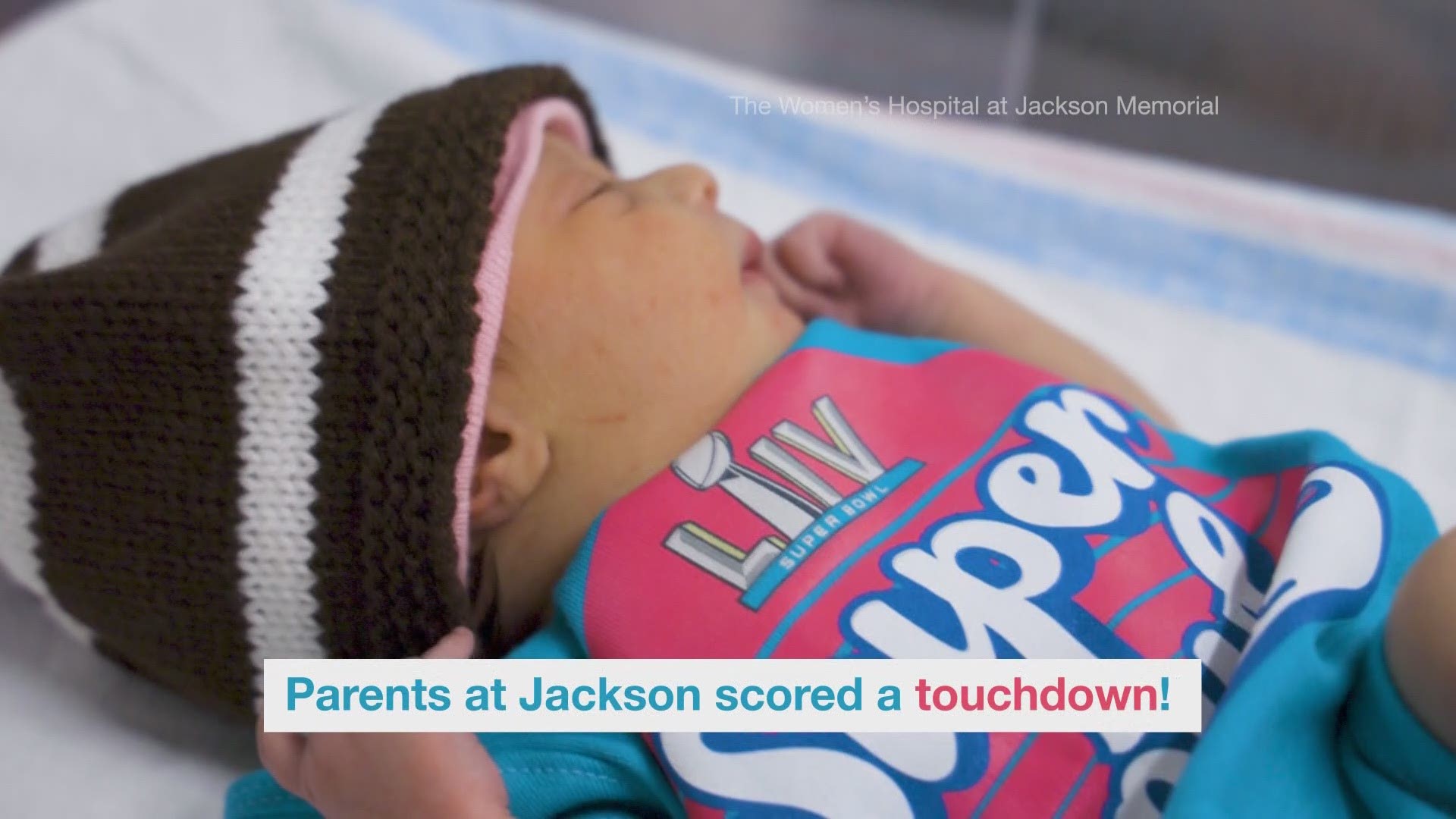 The newborns were dressed in referee and Super Bowl rookie onesies and crocheted football hats.