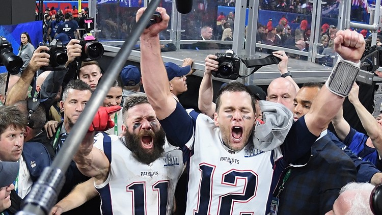 A Julian Edelman and Tom Brady selfie at Super Bowl 49 picture day